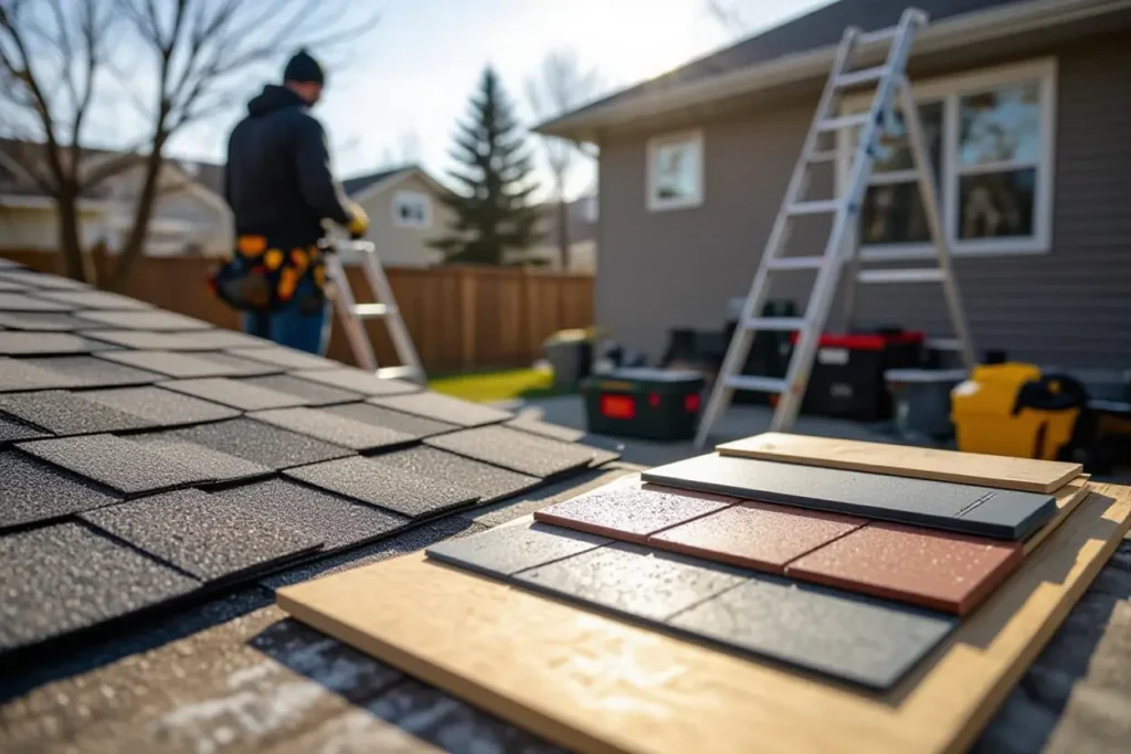 Roofing shingles and material samples with contractor working outside a Winnipeg home.