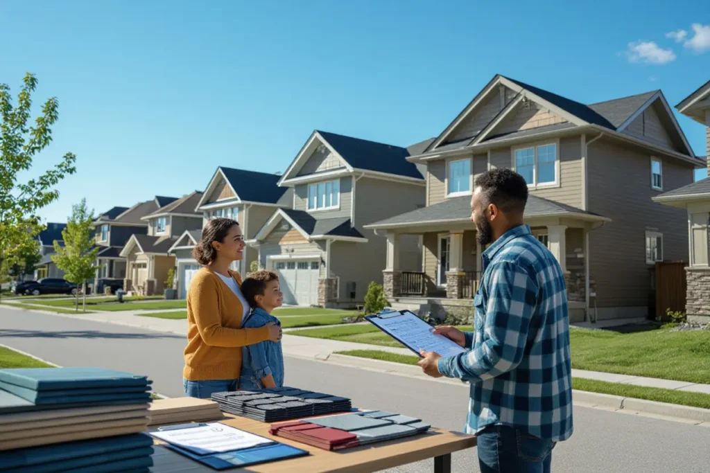 Roofing expert consulting Winnipeg homeowners in a suburban neighborhood - a crucial step in choosing a roof