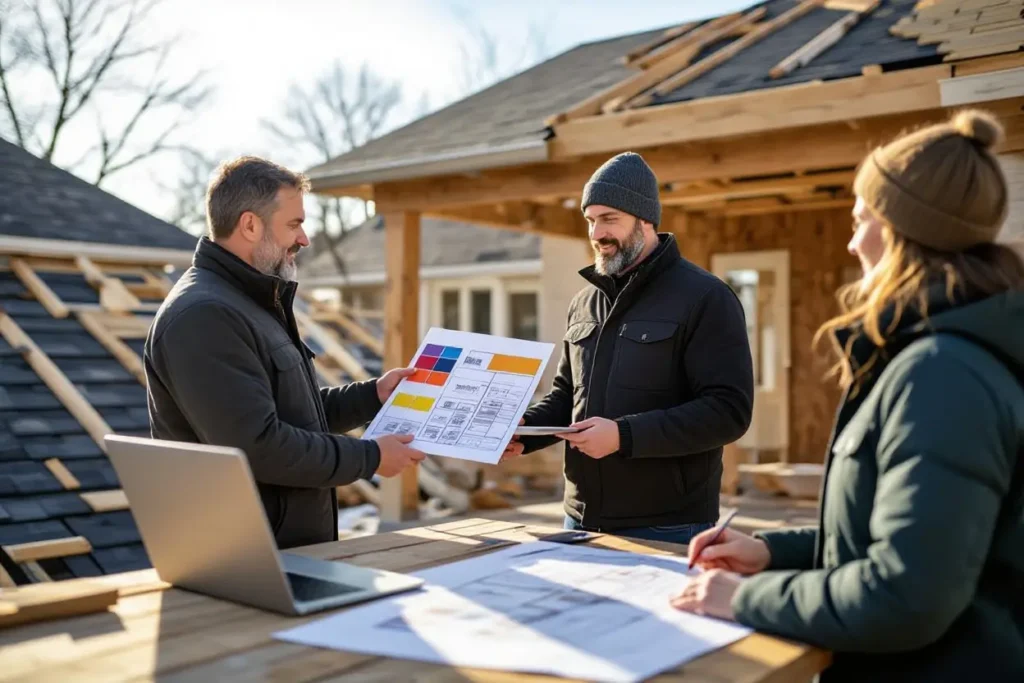 Contractors discussing roof plans and colors at a house construction site.