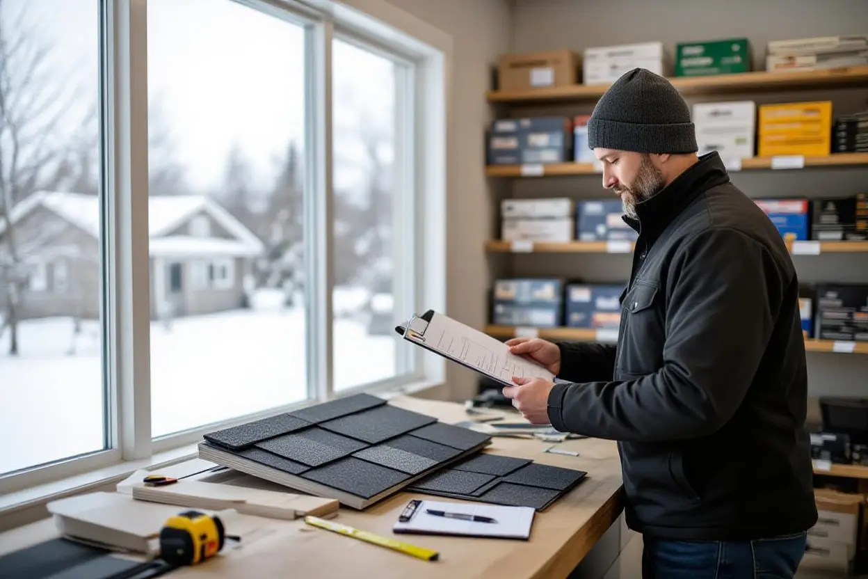 A man reviewing roofing materials and paperwork inside a store during winter, a step in choosing a new roof