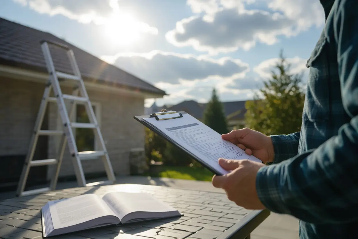 A clipboard with paperwork and an open book on a table outside a house, with a ladder in the background. A form for roofing insurance claim
