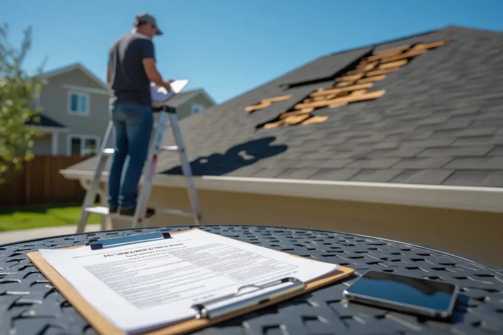 A clipboard with paperwork and a smartphone on a table, with a person inspecting roof damage on a ladder in the background.