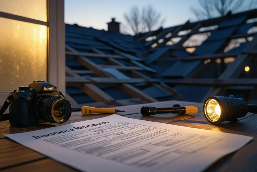 An insurance document, camera, and flashlight on a table, with a roof under repair in the background at dusk.