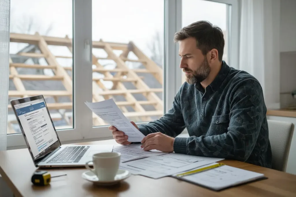 A person reviewing roofing insurance paperwork at a table indoors, with a damaged roof visible through the window.