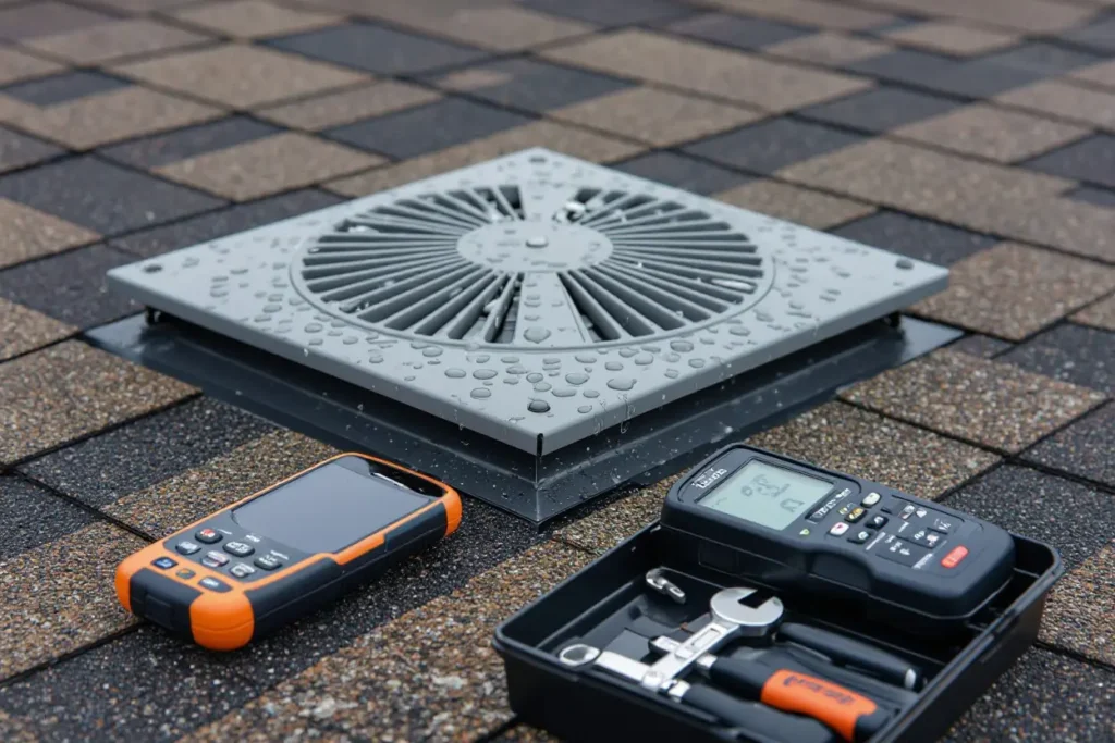 Rooftop vent with dew droplets, alongside diagnostic tools