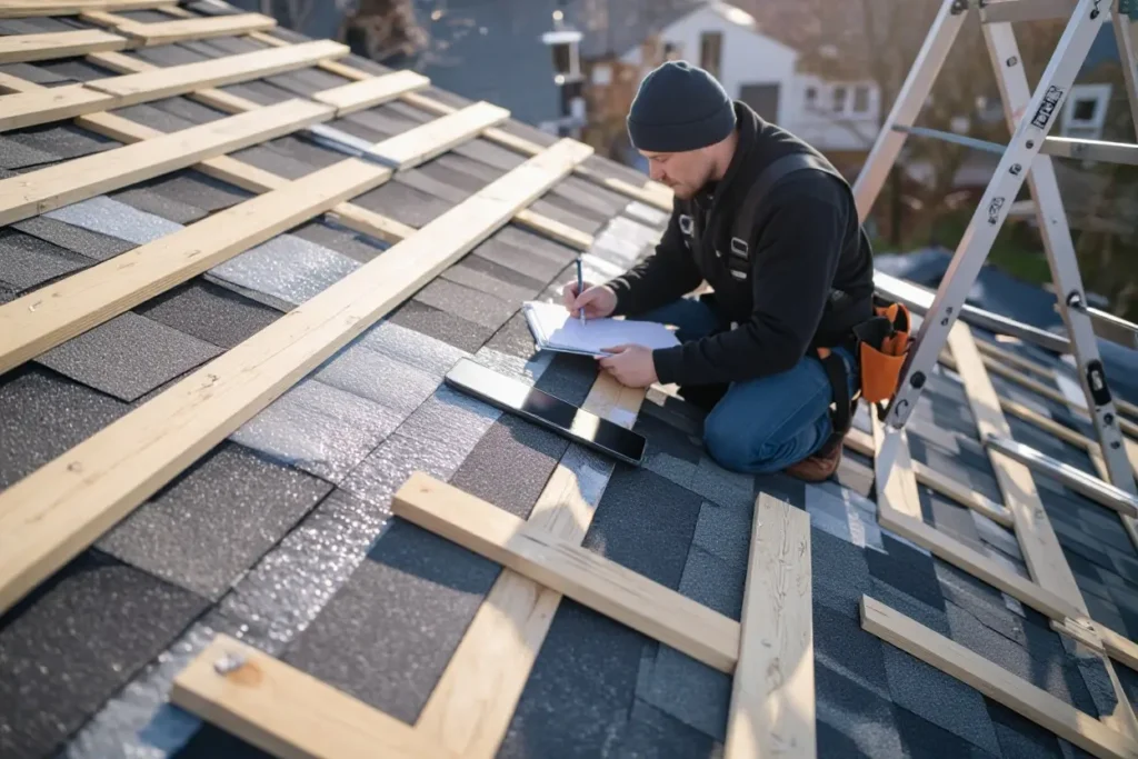 Roofer documenting inspection notes while kneeling on shingle roof with exposed wooden battens. Thinking how to fix roof condensation