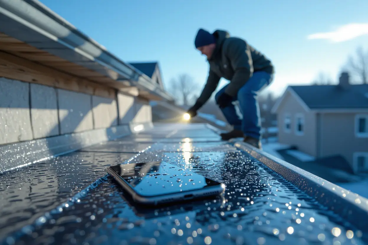 Roofer inspecting dew-covered metal roof in winter sunlight with smartphone on roof panel, finding how to fix roof condensation