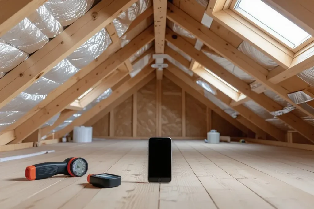 Attic interior showing insulation, skylights, and measurement tools on wood floor.