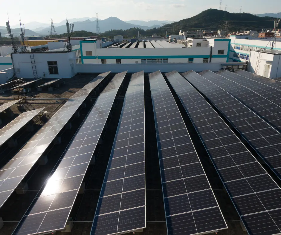 Rows of solar panels on a roof as roof designs