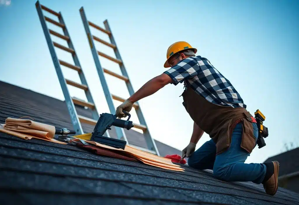 construction worker in a yellow hard hat kneels on a roof, using a nail gun surrounded by tools and materials, with ladders in the background