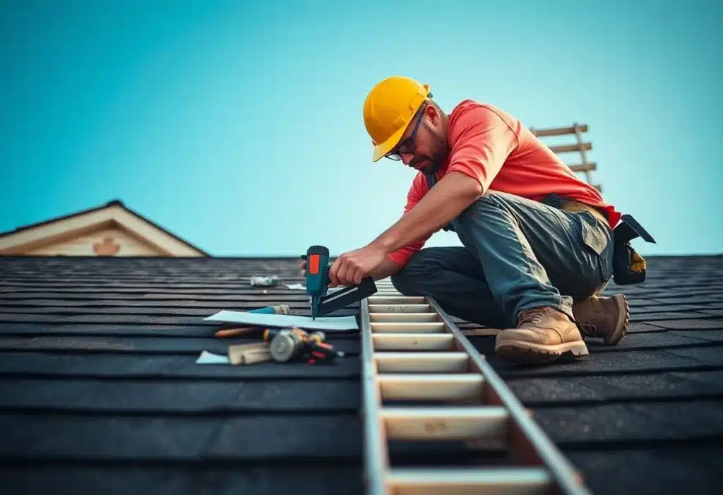 construction worker in a yellow hard hat kneels on a sloped roof, using a nail gun surrounded by tools and a ladder