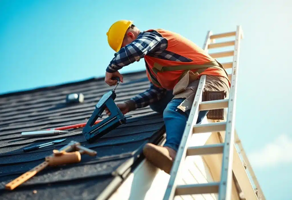 construction worker wearing a hard hat and safety vest uses tools for asphalt roof repair