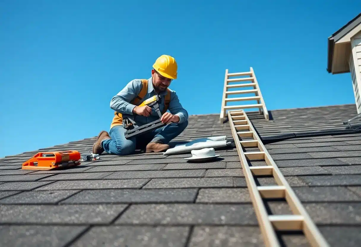 construction worker wearing a yellow hard hat uses a tool while kneeling on a house roof