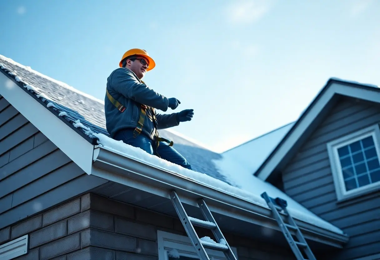 a roofer making sure he's implementing roof safety tips while working