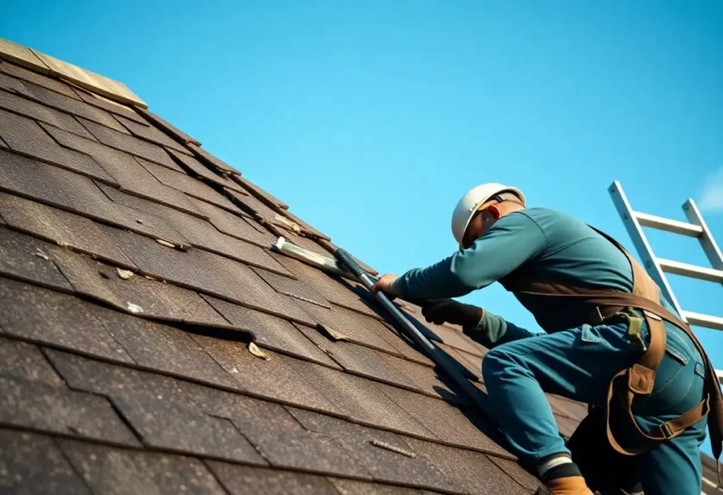 a winnipeg roofing specialist inspecting torn shingles