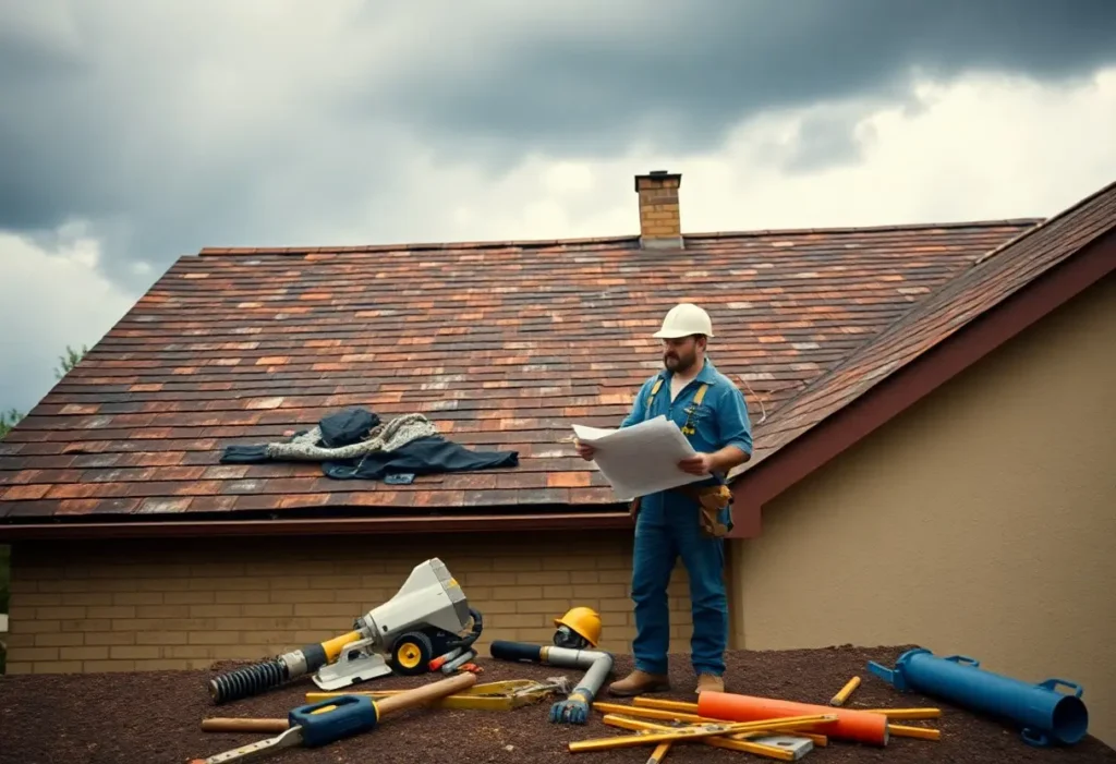 A roofing contractor holding blueprints on a roof.