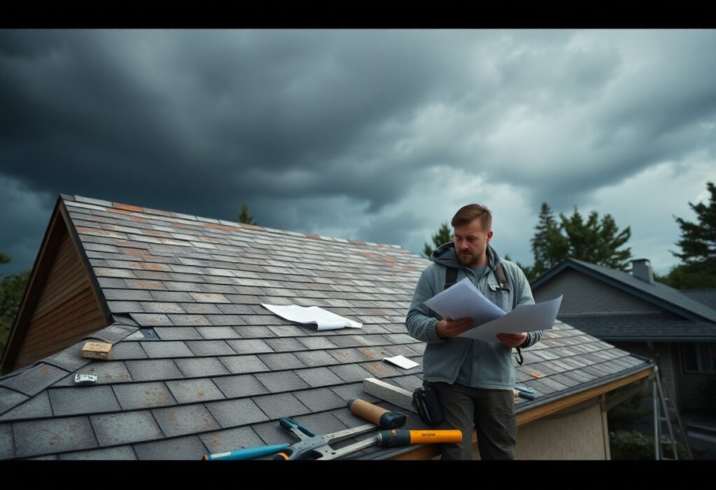 A Roofer reviewing papers on a roof under a stormy sky. The roof is made by a bad roofing contractor
