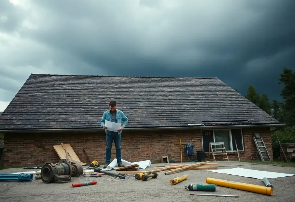 Man looking at blueprints on a roof with storm clouds.
