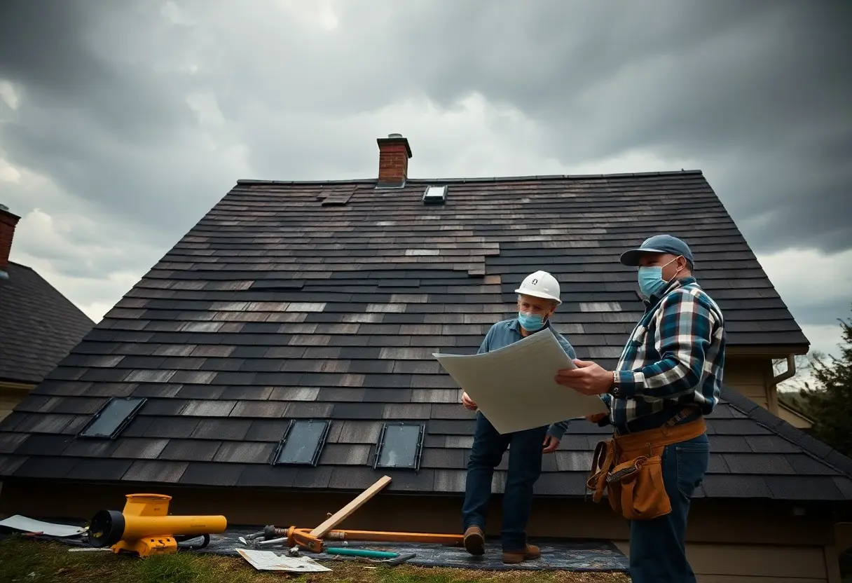 Two men in masks looking at blueprints on a damaged roof installed by a bad roofing contractor