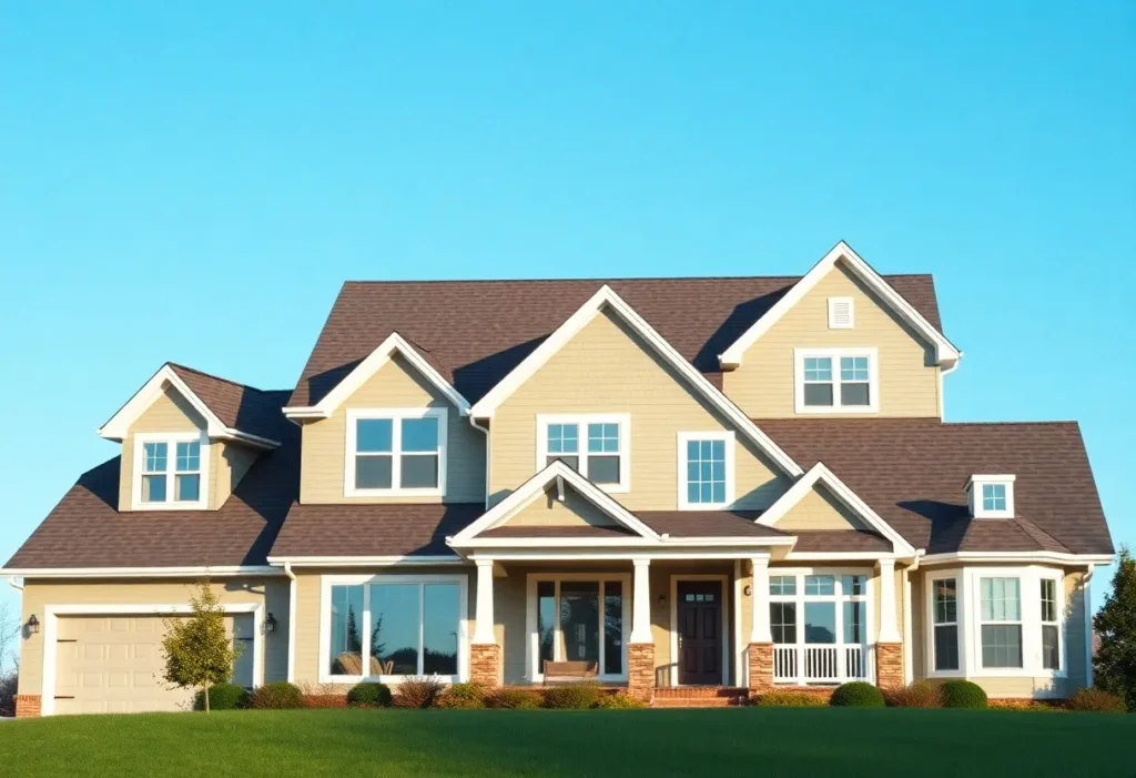A large, two-story beige house with a brown roof and white trim.