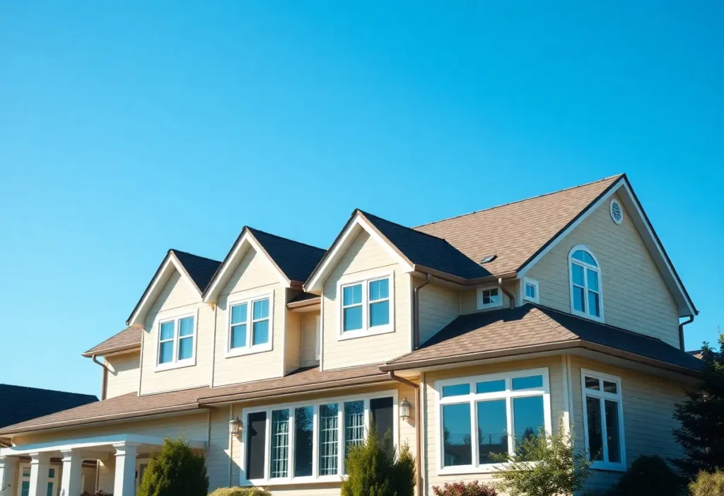 A cream-colored house with a brown roof and multiple dormer windows. A modern house roof design