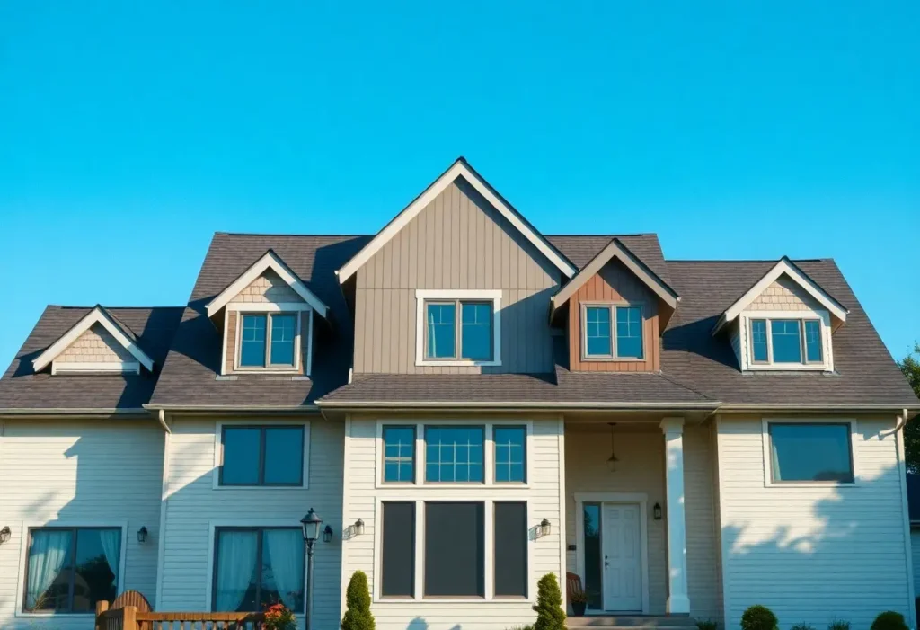 A large, two-story house with a light-colored facade, dark grey roof, and varied siding colors.