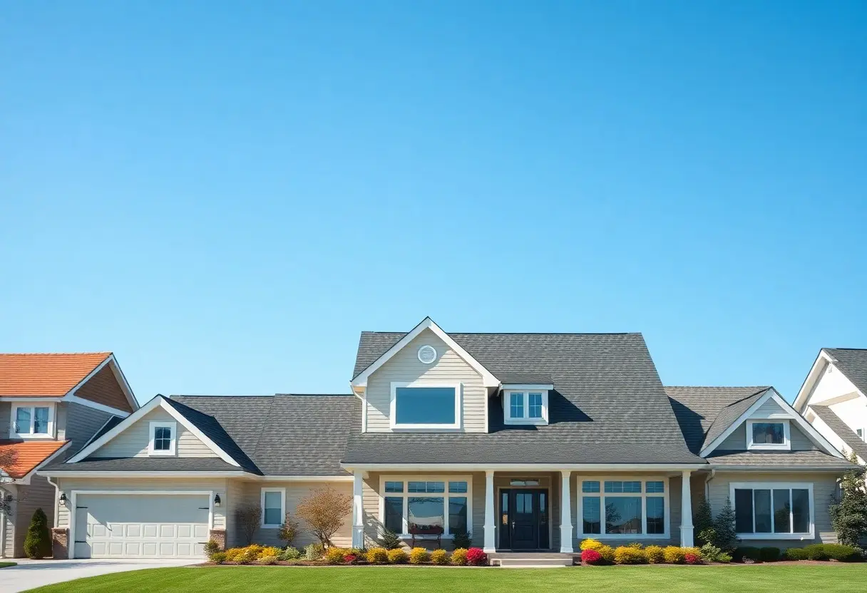 A beige house with a dark grey roof and white trim. A modern house roof design