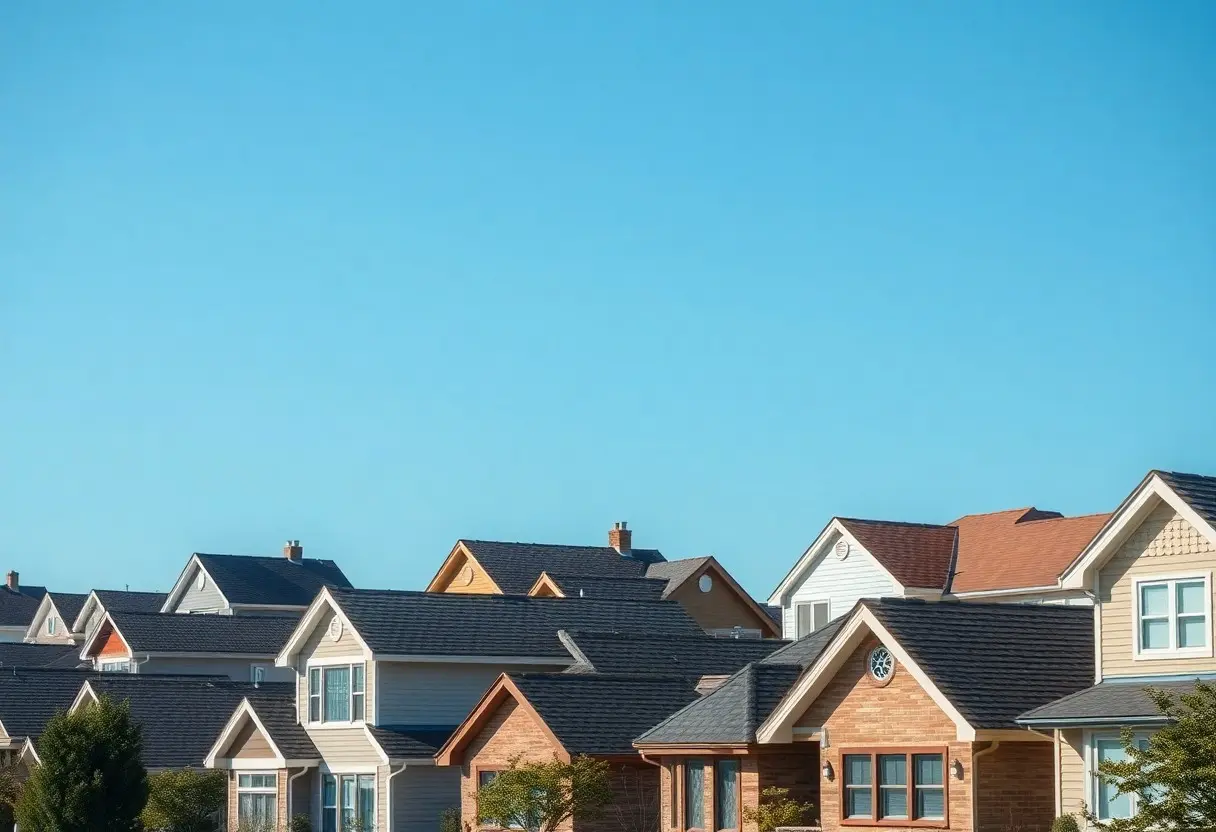 A row of houses with various dark-colored pitched roofs against a clear blue sky. Average roof slope is common