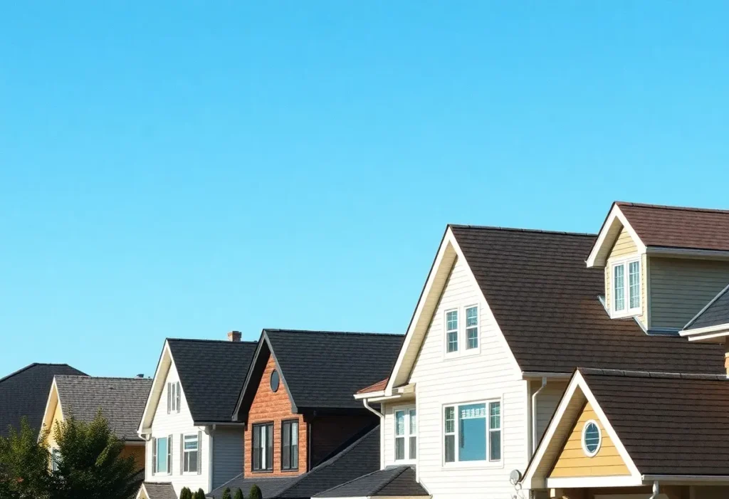 A street view of several suburban houses showcasing different roof styles and colors beneath a clear blue sky.