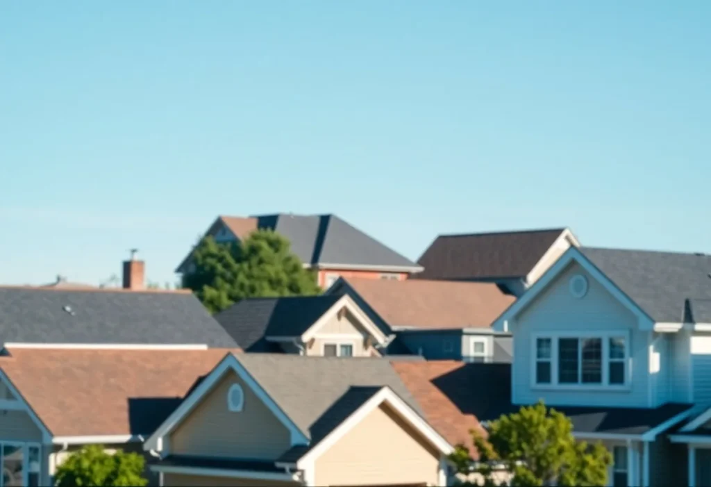 A blurred view of multiple house roofs and treetops under a light blue sky.