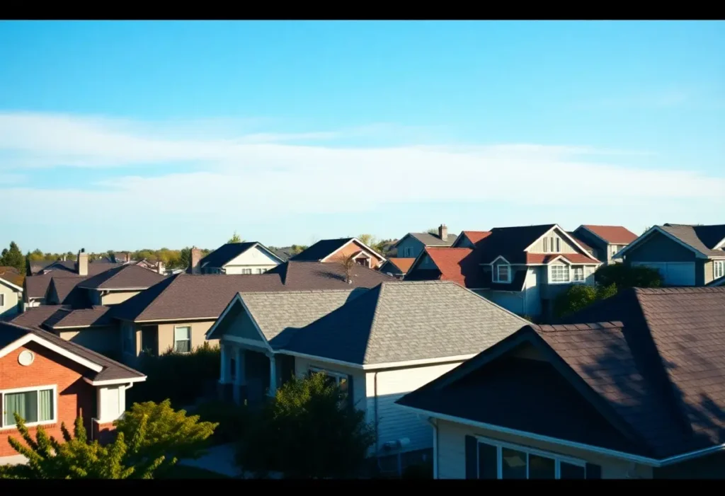 An aerial view of a neighborhood with many houses featuring different roof colors and average roof slope under a bright blue sky with scattered clouds.