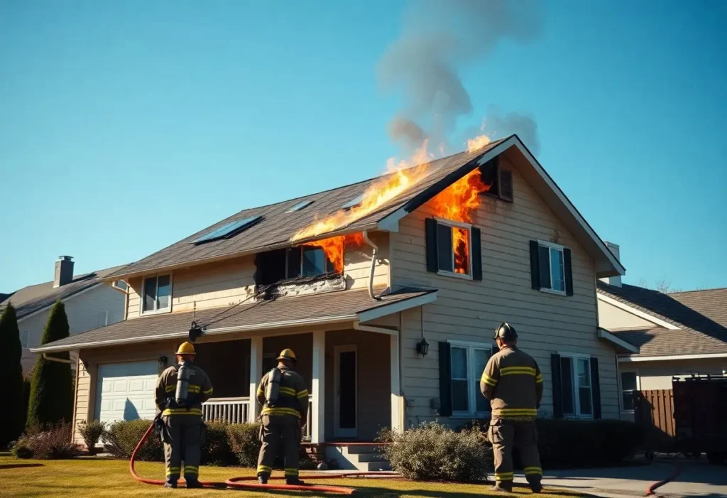 The roof was on fire.
Firefighters extinguishing a fire on a house roof.