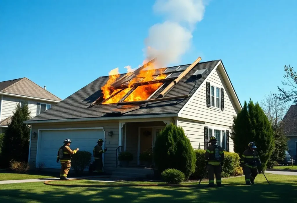 Firefighters tackling a house fire with a collapsed and burning roof.