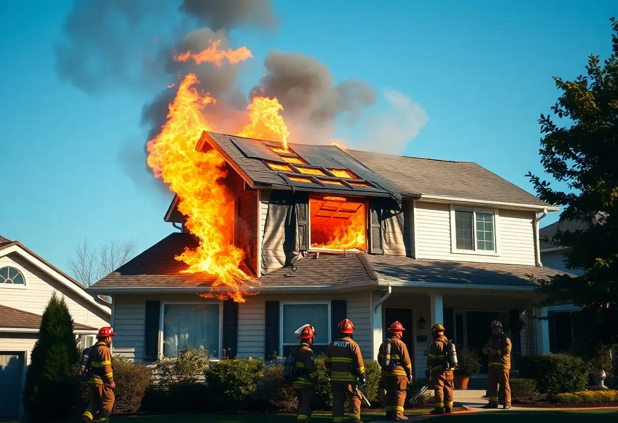 The roof was on fire. Firefighters respond to a house with a blazing roof fire.