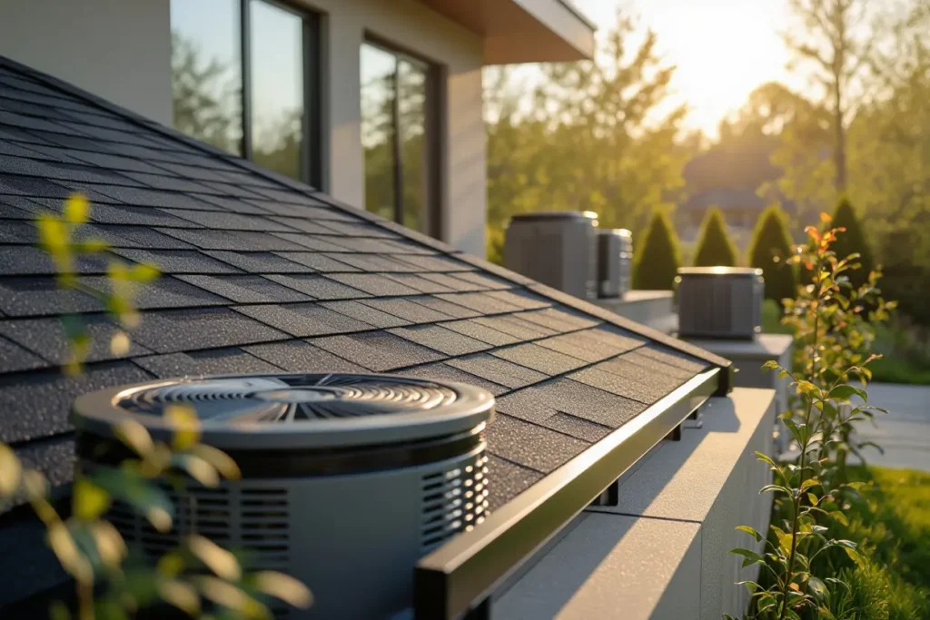 A close-up of a modern dark eco-friendly asphalt shingles roof with an air conditioning unit and gutter at sunset.