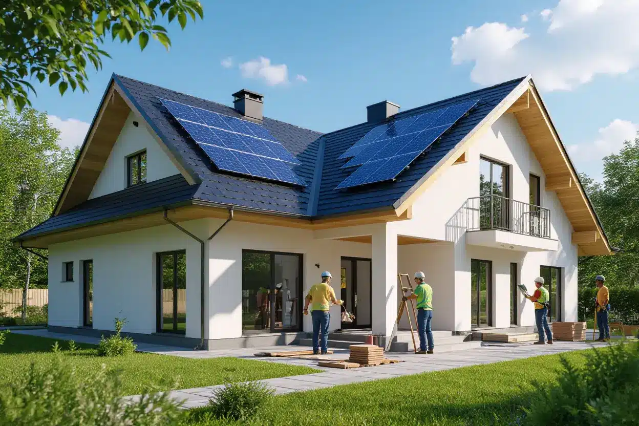 A white modern house with a dark eco-friendly asphalt shingles roof, solar panels, and construction workers.