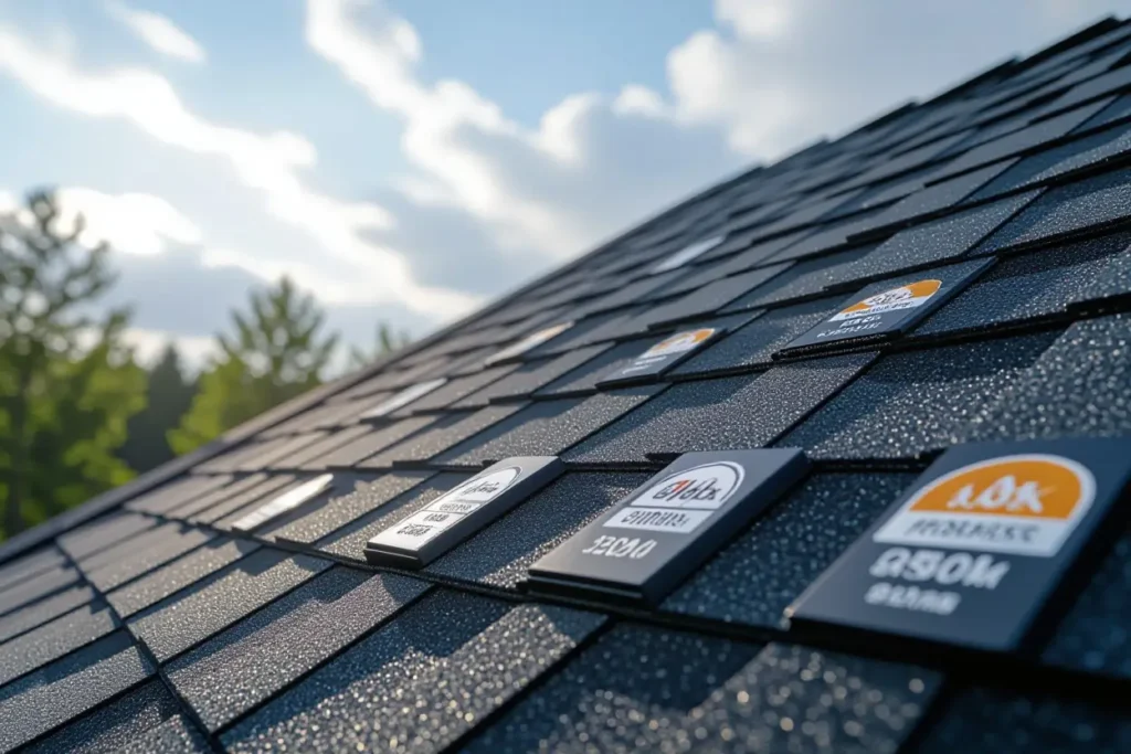 Close-up of dark grey textured roofing shingles on a pitched roof, with various manufacturer brand labels visible on some of the shingles under a bright sky.