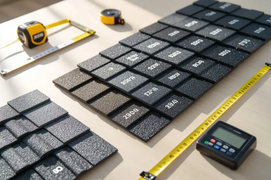 Various roofing shingle samples laid out with measuring tools and a digital device, showcasing different textures and patterns. These are roofing shingles that withstand high winds