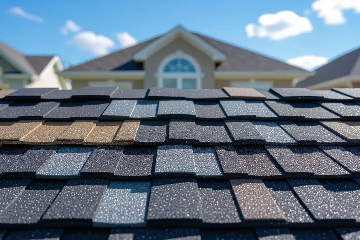 Close-up of multi-colored, layered roofing shingles that withstand high winds, with a house in the blurred background.