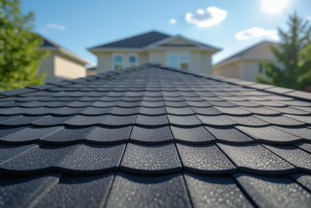 Close-up of dark, textured roofing shingles on a house, designed for high wind resistance, with suburban homes in the background.