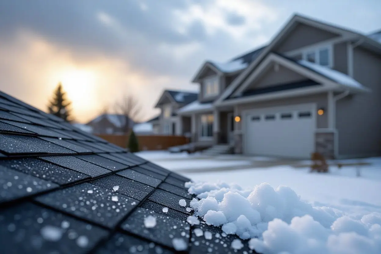 A close-up of a dark shingle roof with hail on it, and blurred houses in the background under a cloudy sky. Top roofing shingles for hail.