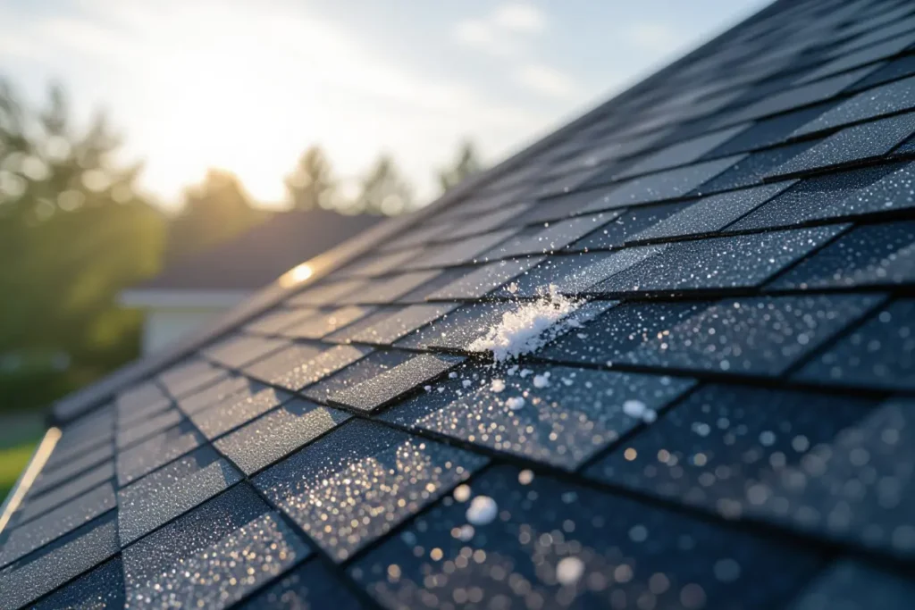 A close-up of a dark shingle roof with some melting hail, glistening in the sunlight.