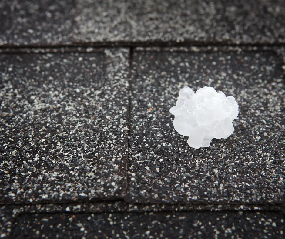 A single hailstone resting on a dark, granular asphalt shingle roof.