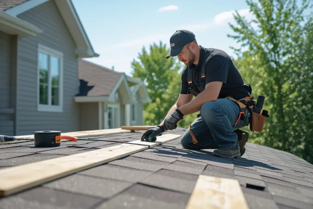 A male roofer kneels on a shingle roof and measures a wooden board.