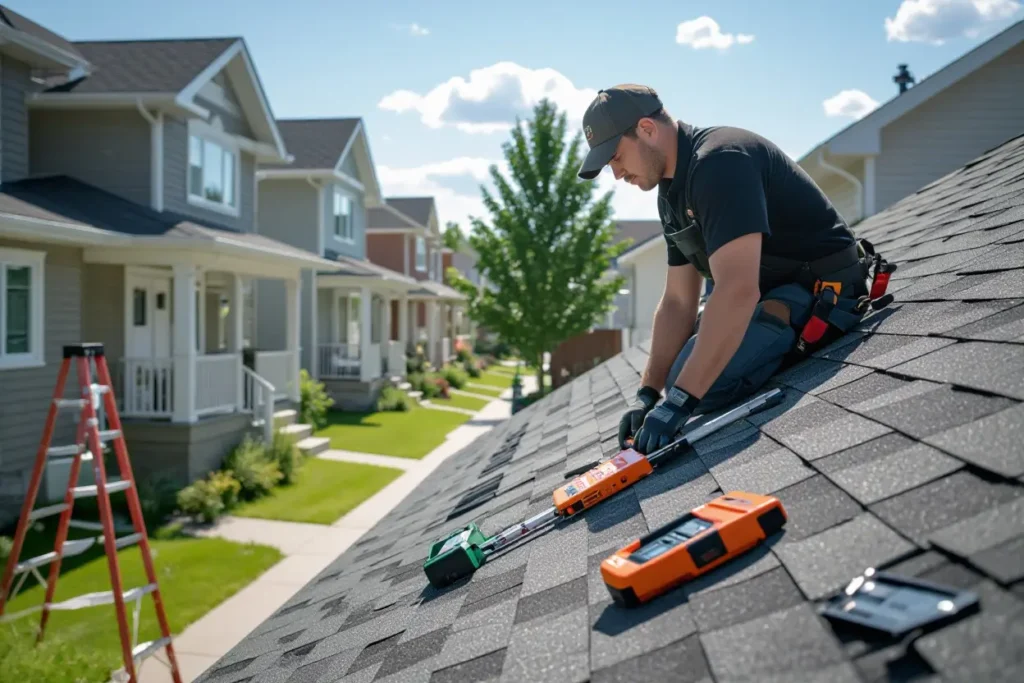 A roofer works on a sloped shingle roof with houses in the background.