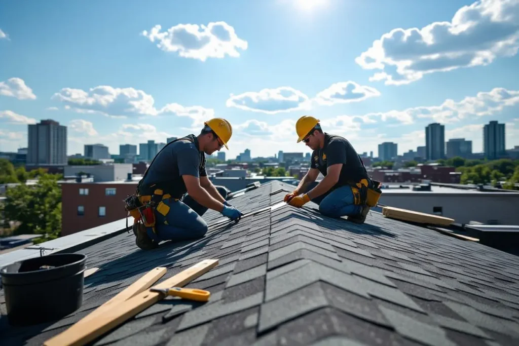 Two roofers work on a shingle roof, in preparation for the impact of freeze-thaw cycles on roof.