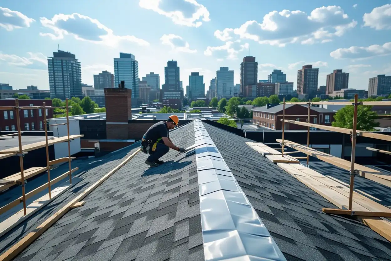 A roofer works on the ridge of a shingle roof with a city skyline in the background. This is to prevent the impact of freeze-thaw cycles on roof