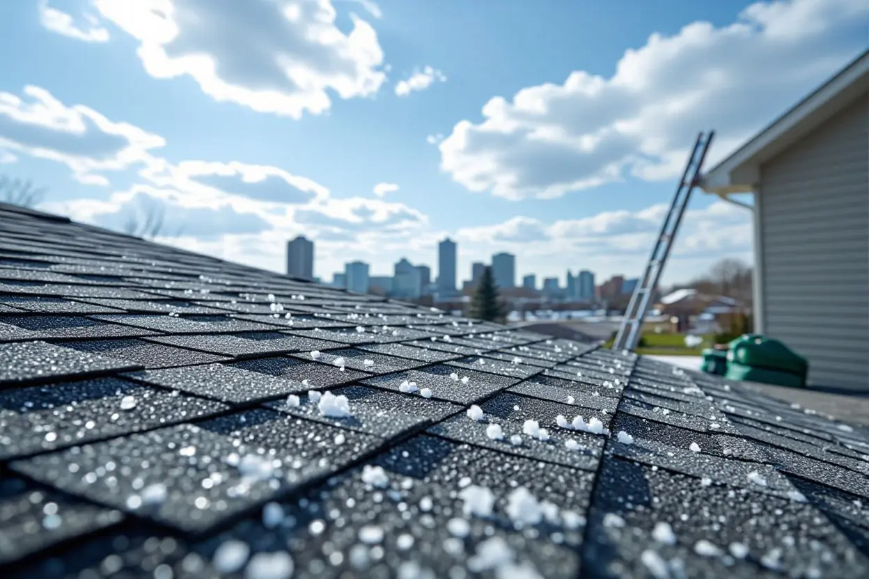 Hailstones on a residential roof in Winnipeg, with the city skyline in the background.