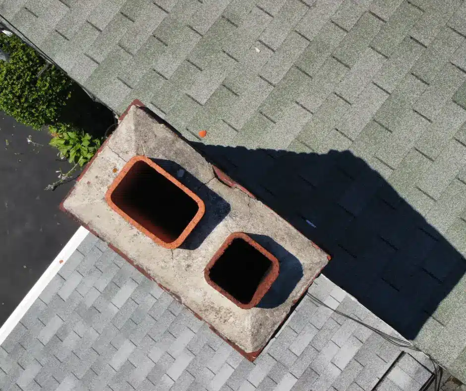 Top-down view of a chimney on a gray shingle roof.