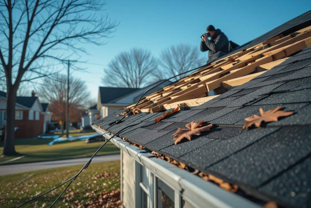 A roof is being repaired, showing exposed wood and removed shingles. A person is sitting on the ridge of the roof, and dead leaves are visible on the new shingles.